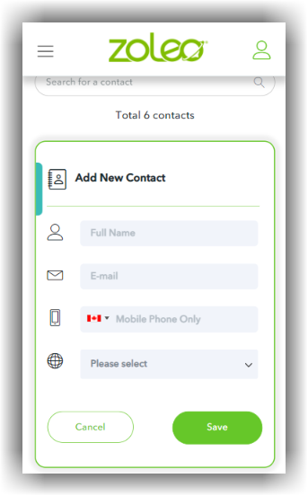 MyZOLEO mobile Add New Contact form showing fields for name, email, phone number, and preferred language.