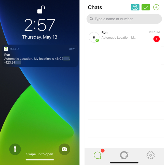 Screenshot showing how a Location Share+ breadcrumb trail appears in a check-in contact's ZOLEO app.