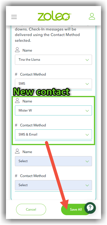 MyZOLEO mobile Devices and Plans page showing the Save All button at the bottom of the contact assignment screen.