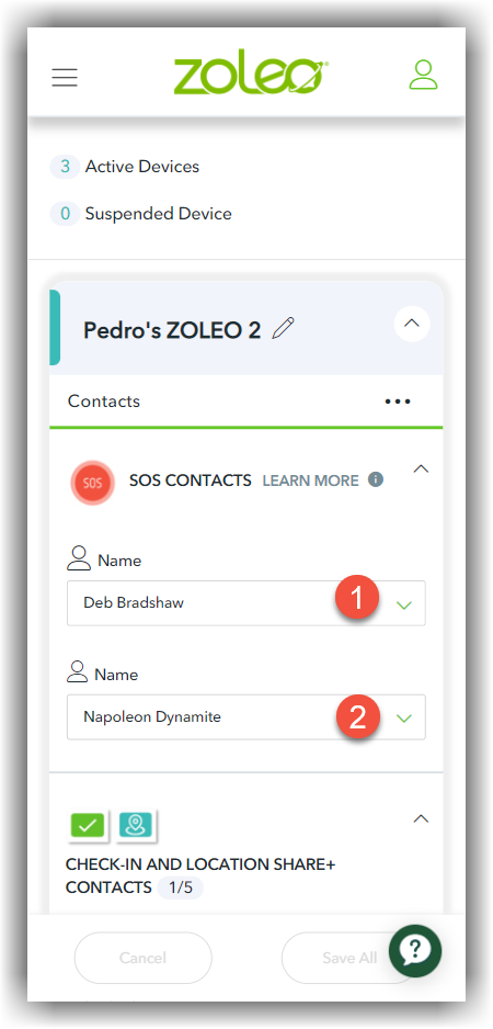 MyZOLEO mobile Devices and Plans page showing the SOS contact assignment section with two contact name fields labelled SOS Contact 1 and SOS Contact 2.