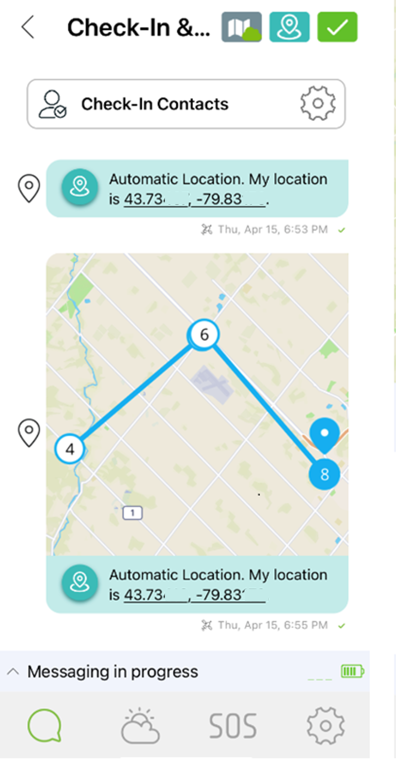 Screenshot of the breadcrumb trail map view in the ZOLEO app showing numbered location pins along a route.