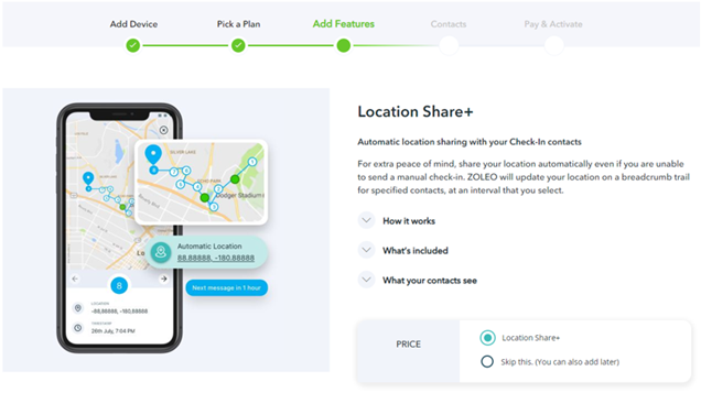 Screenshot of the Add Feature screen during ZOLEO activation, with the Location Share+ option highlighted in the bottom right.