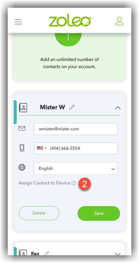 MyZOLEO mobile contact details screen showing the Assign Contact to Device option.
