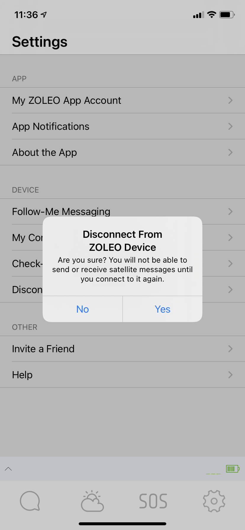 Confirmation popup asking the user to confirm disconnect, with Yes and No buttons.