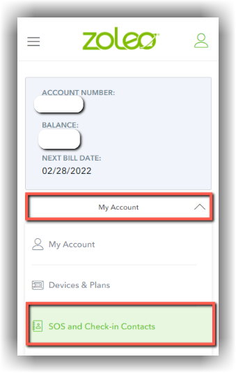 MyZOLEO mobile account menu with the SOS and Check-in Contacts option highlighted in the My Account drop-down.