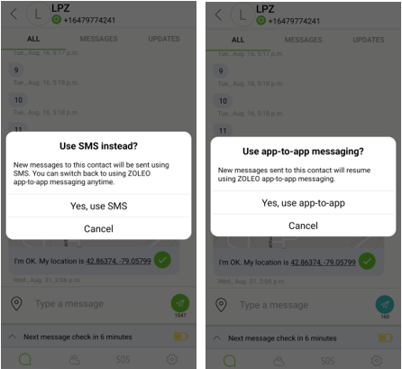 ZOLEO App message screen showing the long-press Send icon menu with options to switch between App-to-App and SMS.