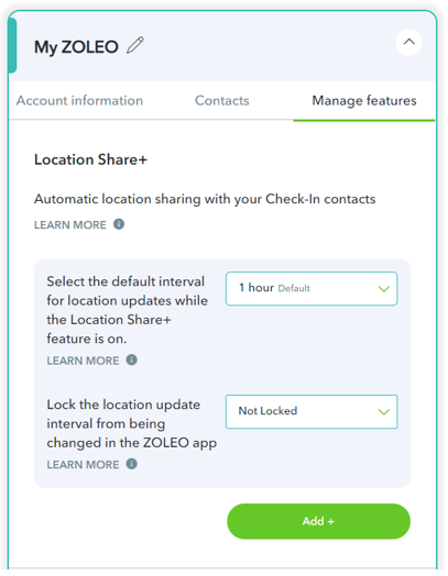 Screenshot of the Manage Features tab in MyZOLEO showing the Location Share+ add section with interval drop-down and Add+ button.