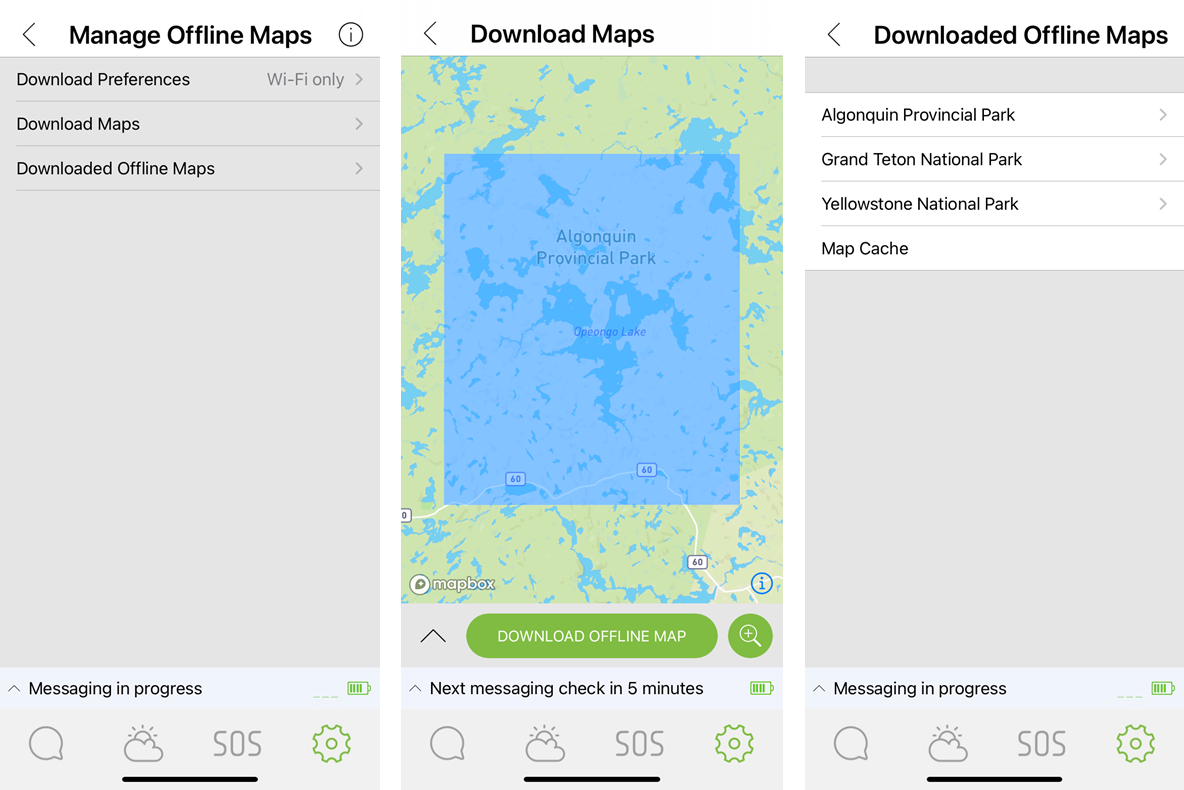Screenshot showing the offline maps download screen in the ZOLEO app with a shaded blue area indicating a downloaded region.