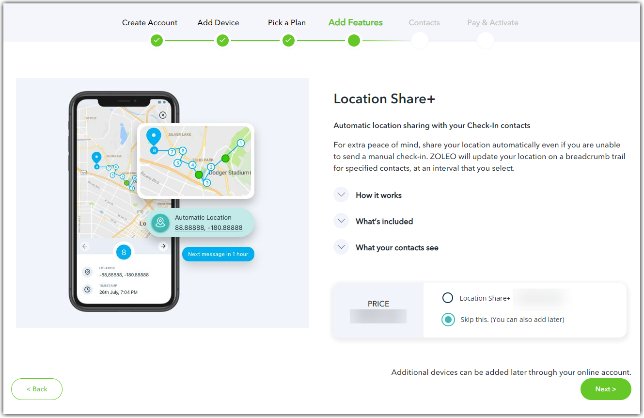 Screenshot of the Add Features page showing the Location Share+ option.
