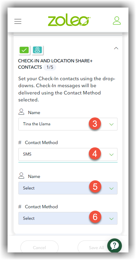 MyZOLEO mobile Devices and Plans page showing a Check-In contact being added with the Contact Method field and a Location Share+ confirmation displayed below the contact's details.
