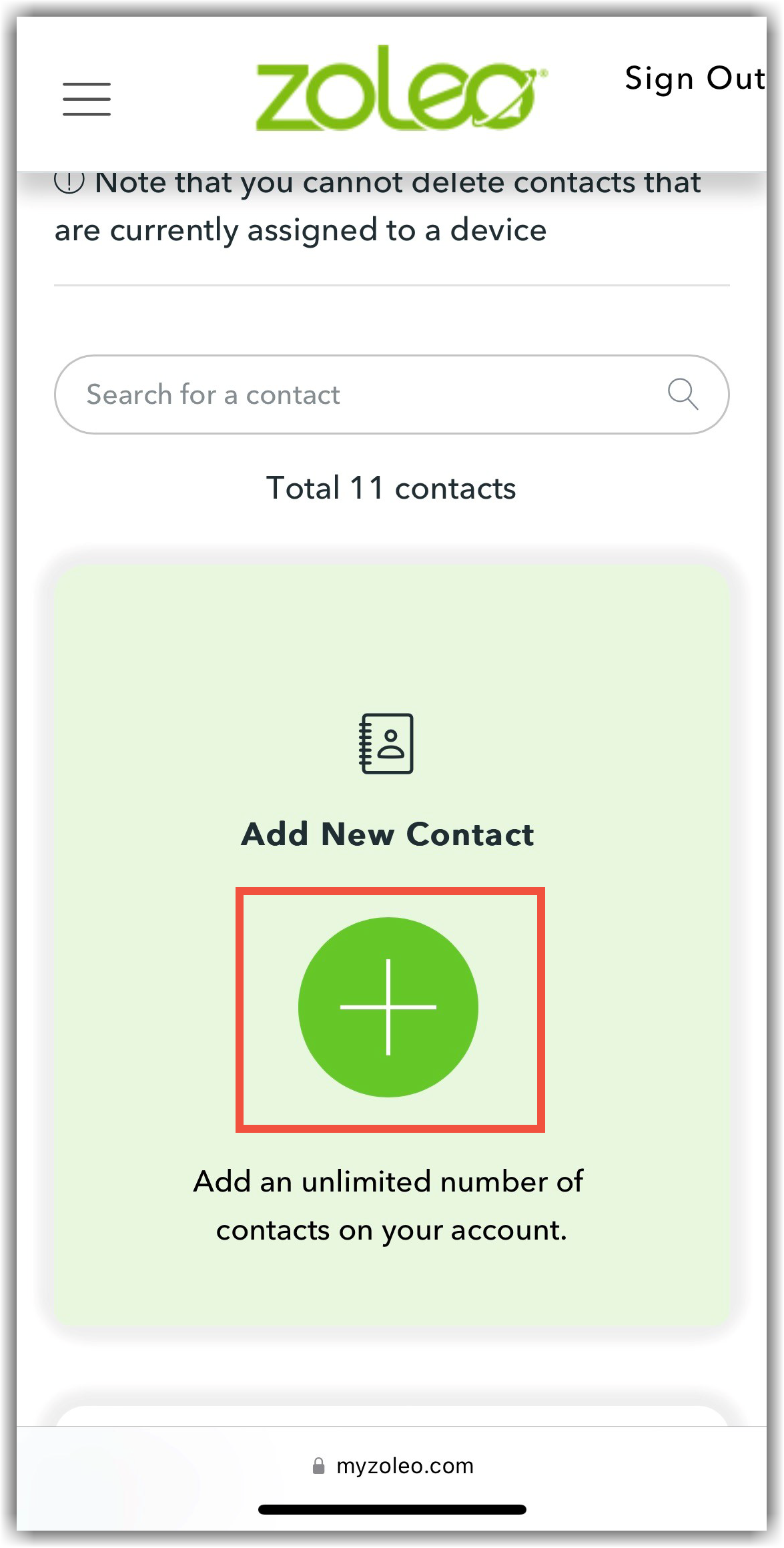 MyZOLEO mobile SOS and Check-in Contacts screen showing the Add new contact option with a plus sign.