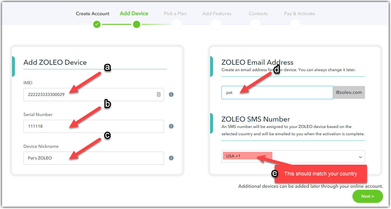 Screenshot des Add Device-Formulars mit Feldern für IMEI, Seriennummer, Spitzname, ZOLEO-E-Mail-Adresse und ZOLEO-SMS-Nummer.
