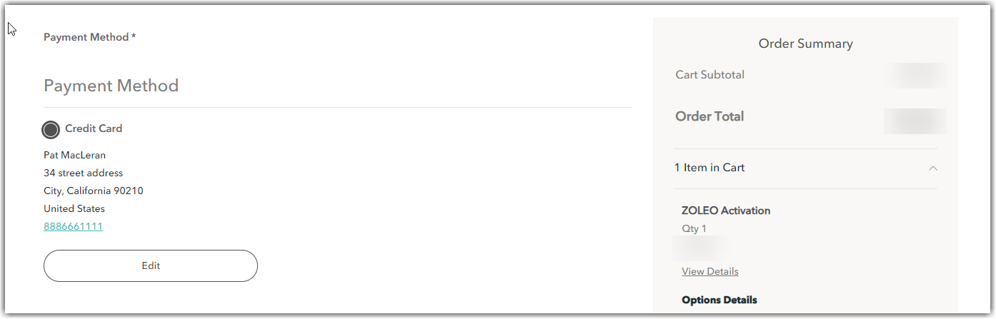 Screenshot, der eine gespeicherte Adresse mit Edit-Button während des Zahlungsvorgangs zeigt.