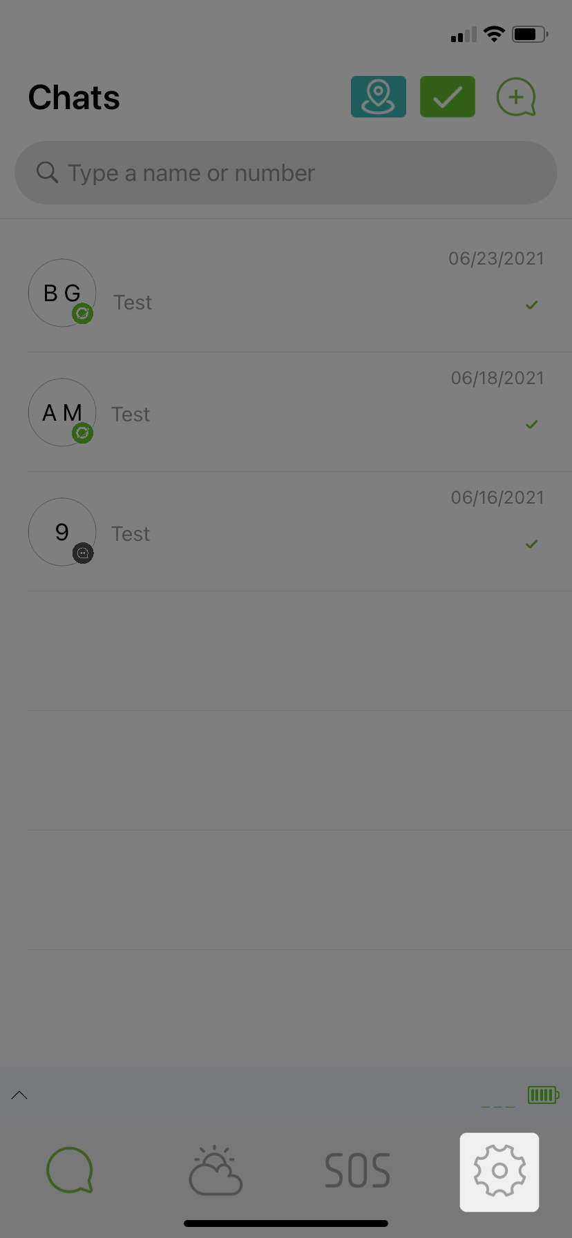 Écran Paramètres de l'application ZOLEO avec l'icône d'engrenage mise en évidence.