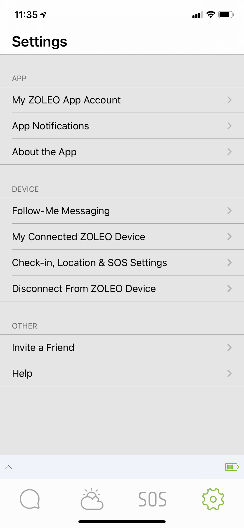 ZOLEO-App-Einstellungsmenü mit hervorgehobener Option „Vom ZOLEO-Gerät trennen