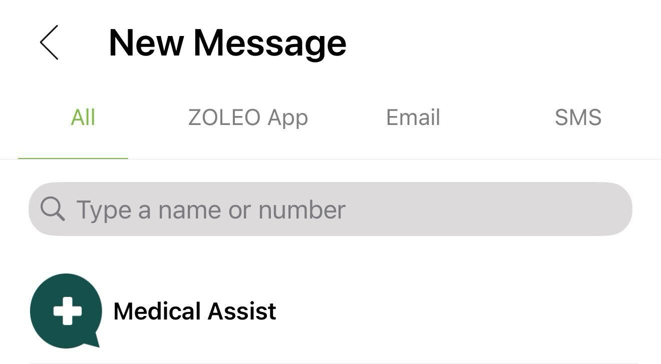 ZOLEO App contact selection screen showing All, ZOLEO App, Email, and SMS contact tabs.