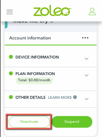 MyZOLEO-Tarifdetails mit der Schaltfläche Deaktivieren im Abschnitt Weitere Details.