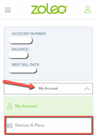 Compte MyZOLEO affichant le menu Mon compte et l’option Appareils et forfaits.