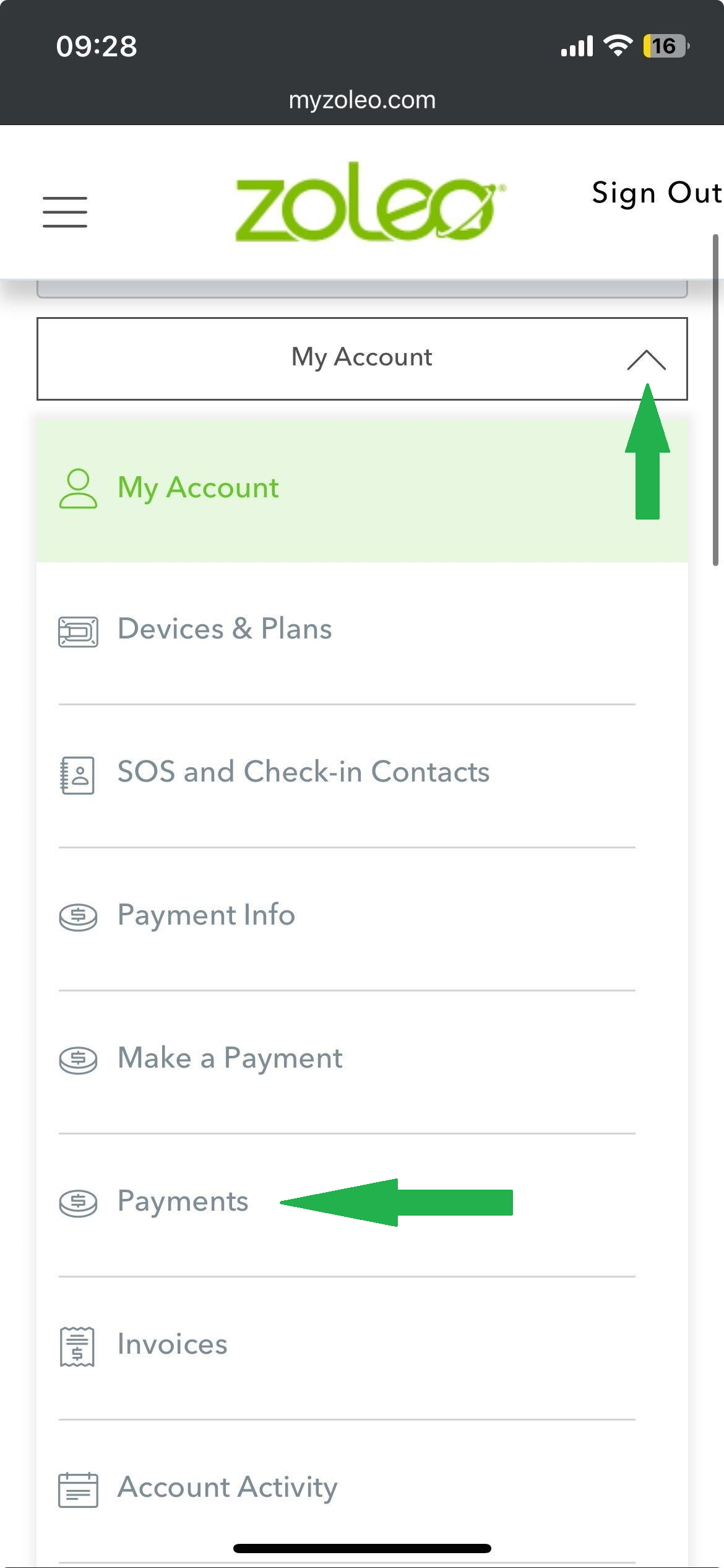 Mobiles MyZOLEO-Menü mit der Option Zahlungen