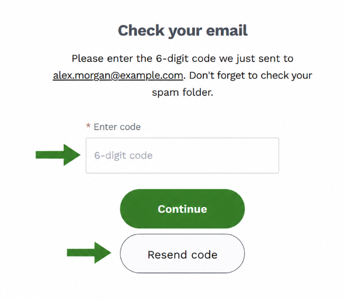 Page de vérification MyZOLEO avec des flèches vers le champ du code et Renvoyer le code