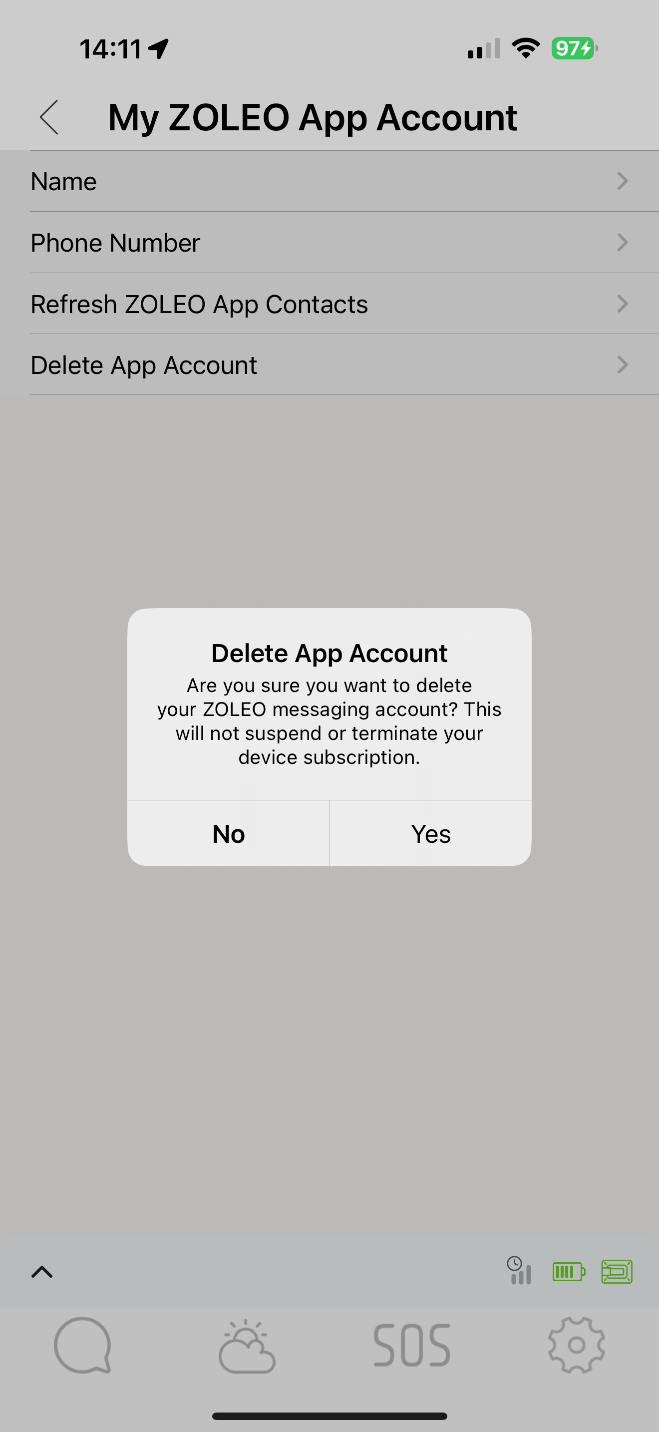 Demande de confirmation de suppression du compte ZOLEO