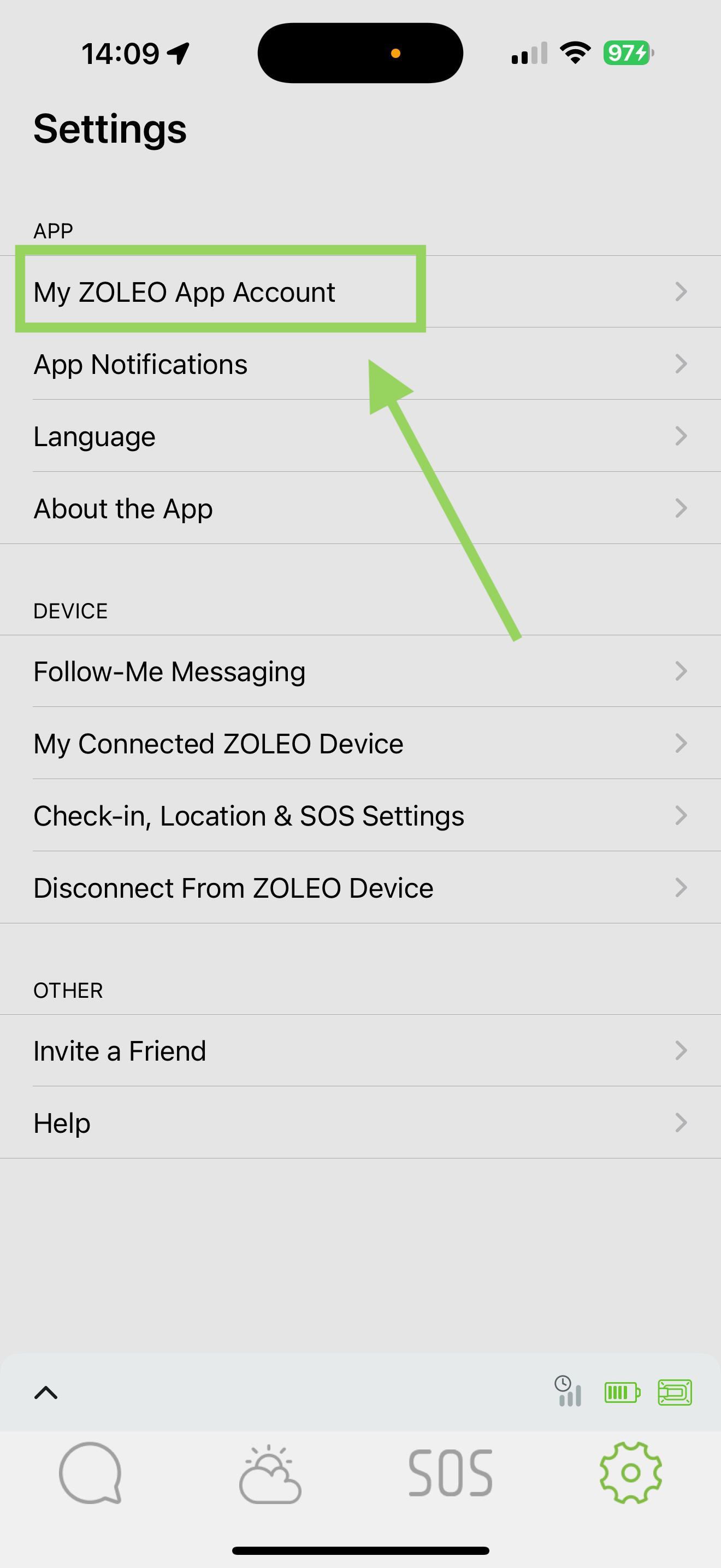 Paramètres ZOLEO avec l’option Mon compte de l’application ZOLEO