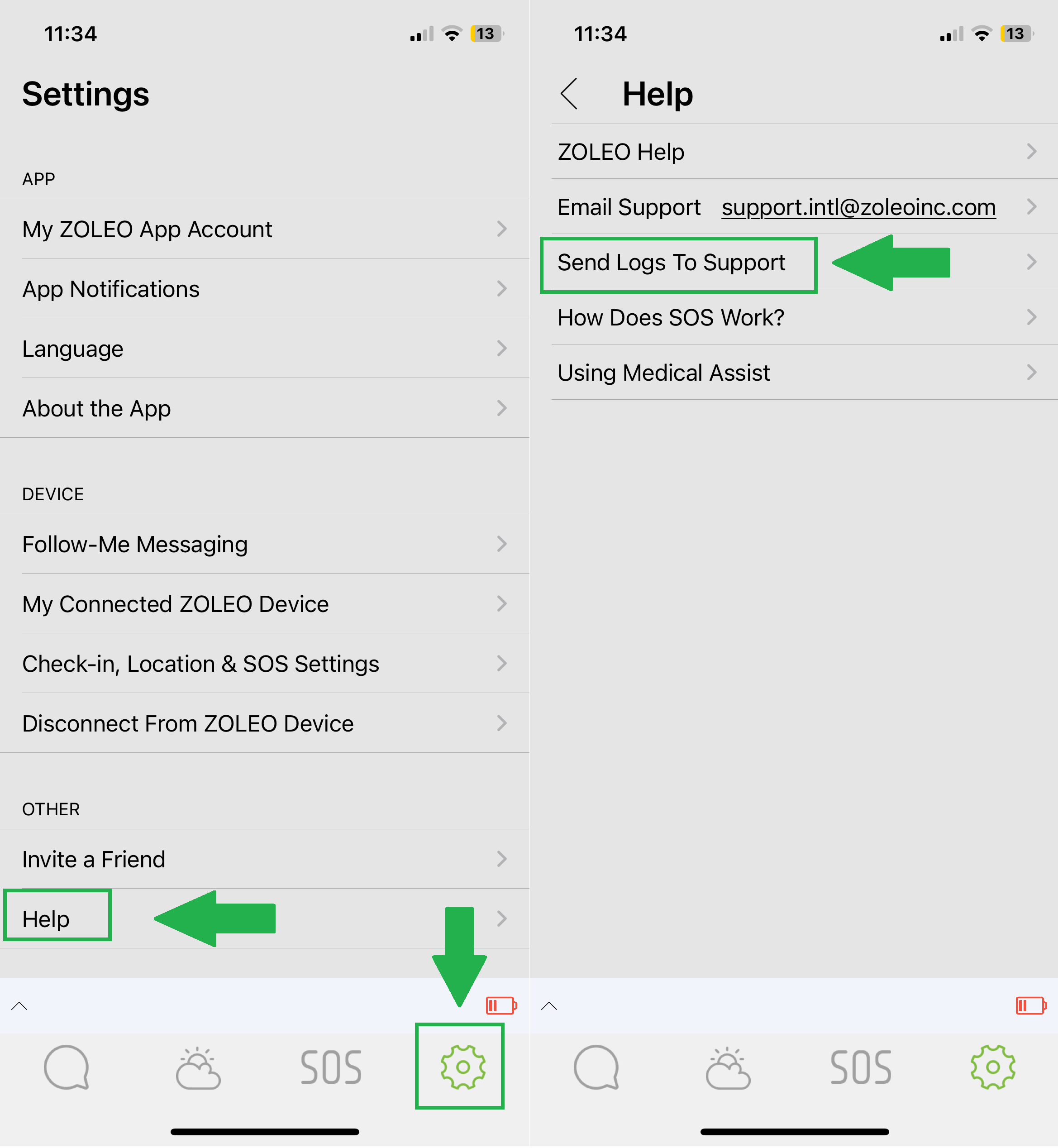 Hilfebildschirm der ZOLEO-App mit der Option zum Senden von Protokollen