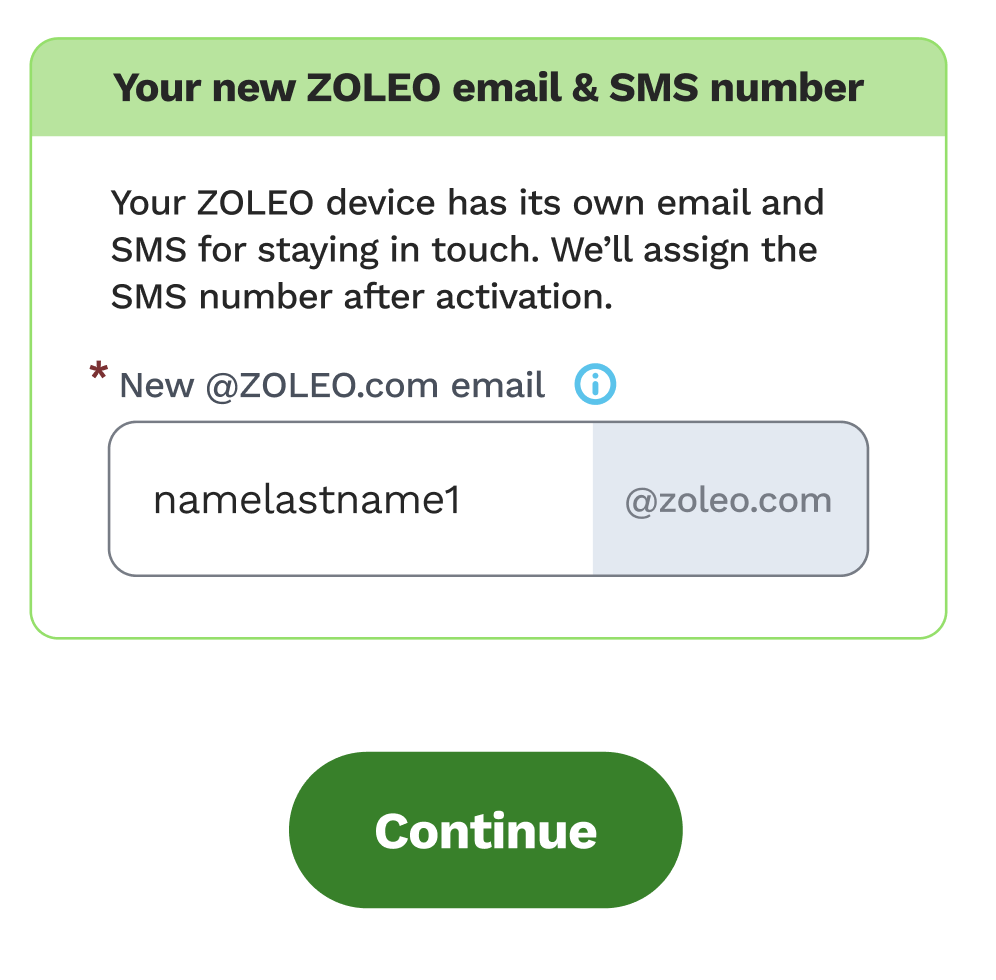 MyZOLEO-Aktivierungsbildschirm mit dem Eingabefeld für den Namen der ZOLEO-E-Mail-Adresse.