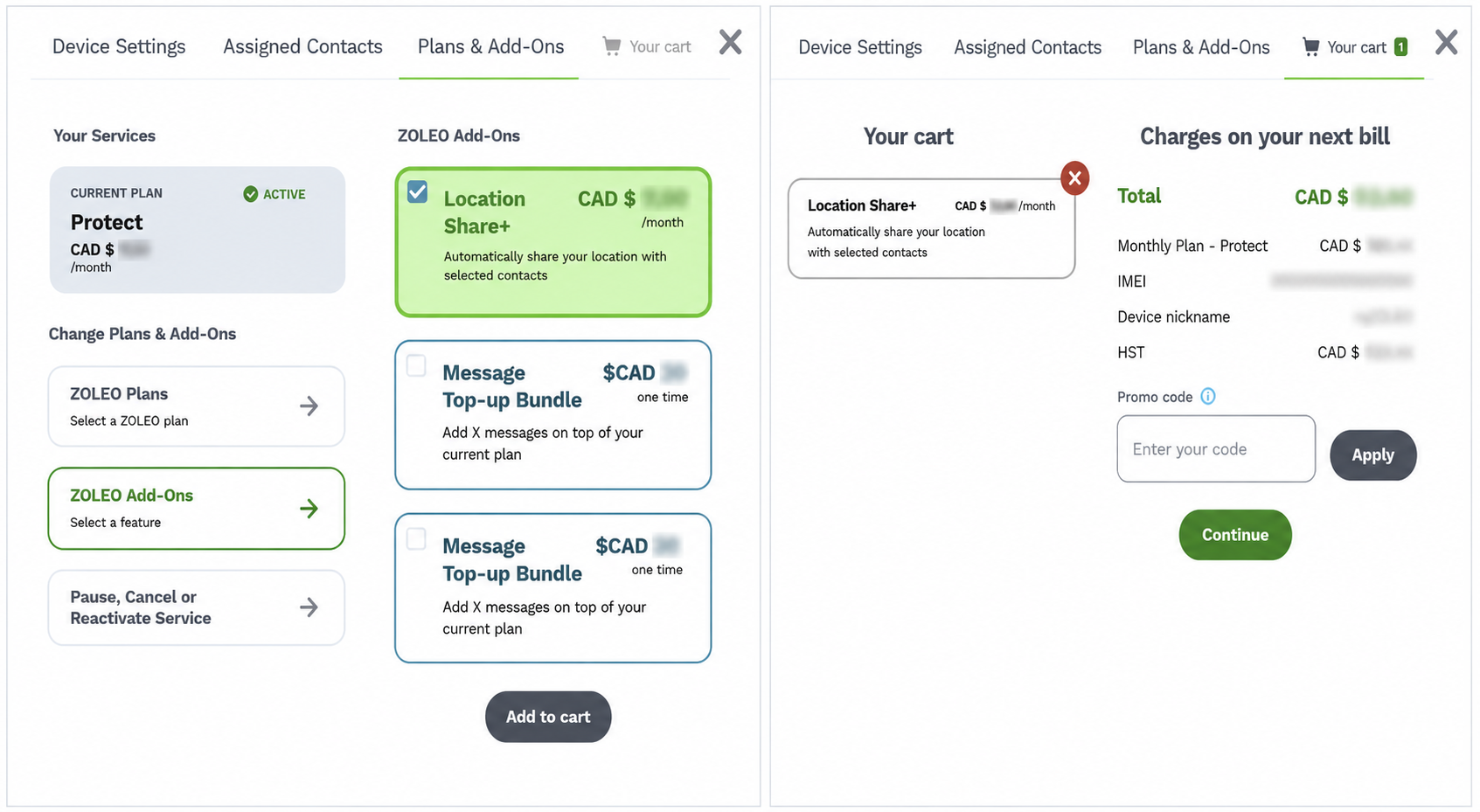 Écran de paiement MyZOLEO affichant Partage de Localisation+ dans le panier.