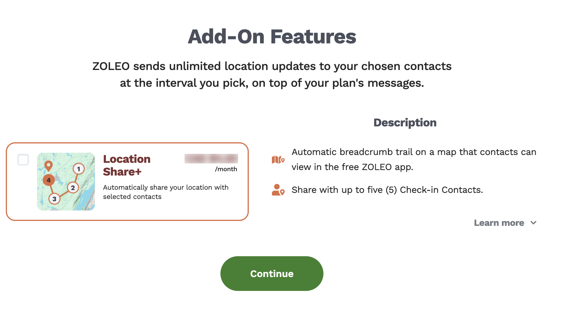 MyZOLEO-Seite Zusatzoptionen mit dem Kontrollkästchen für Location Share+ und der Schaltfläche Weiter.