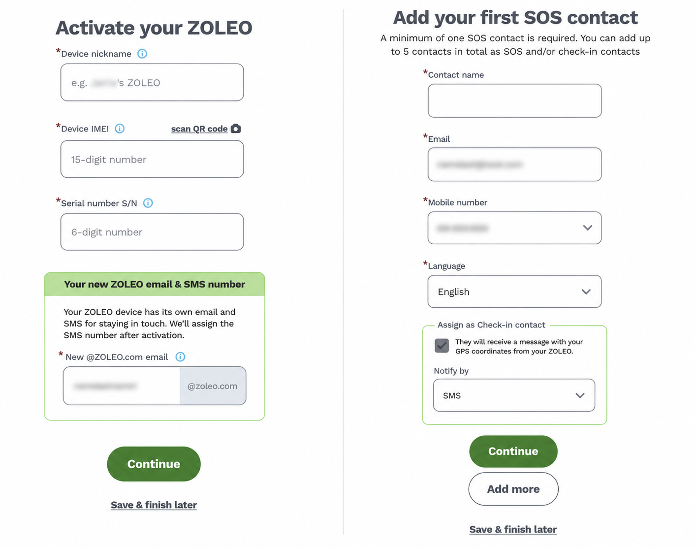 Geräteinformationen und erster SOS-Kontakt während der ZOLEO-Aktivierung