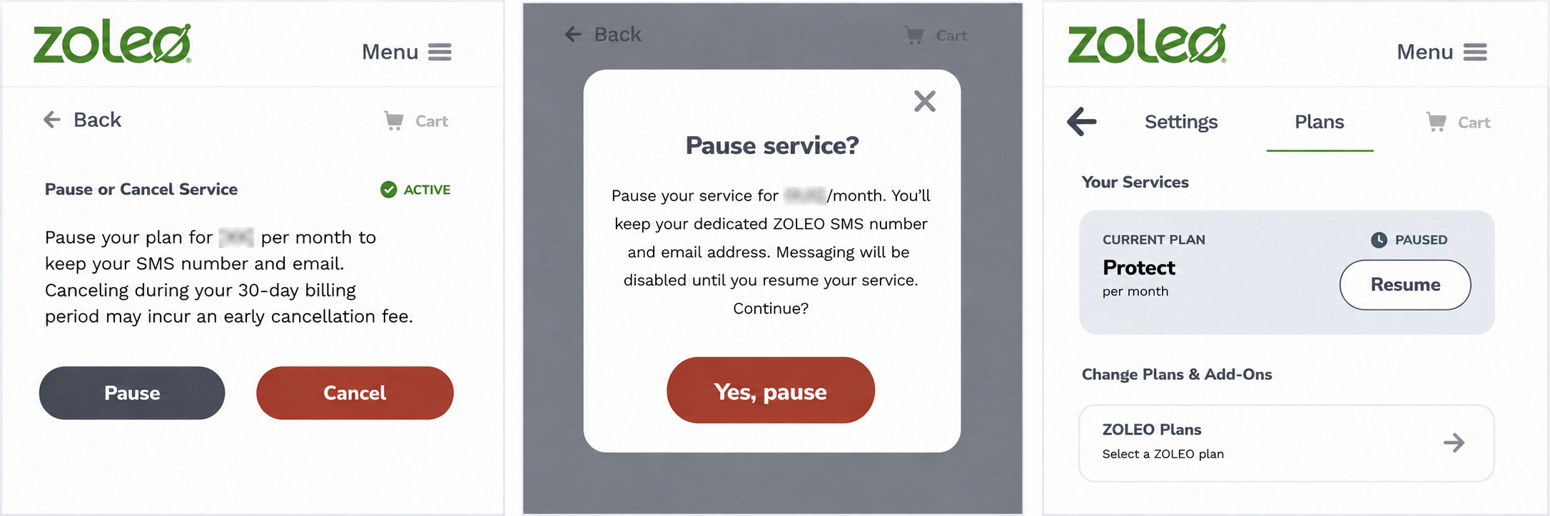 Confirmation de la suspension et état du service suspendu dans MyZOLEO