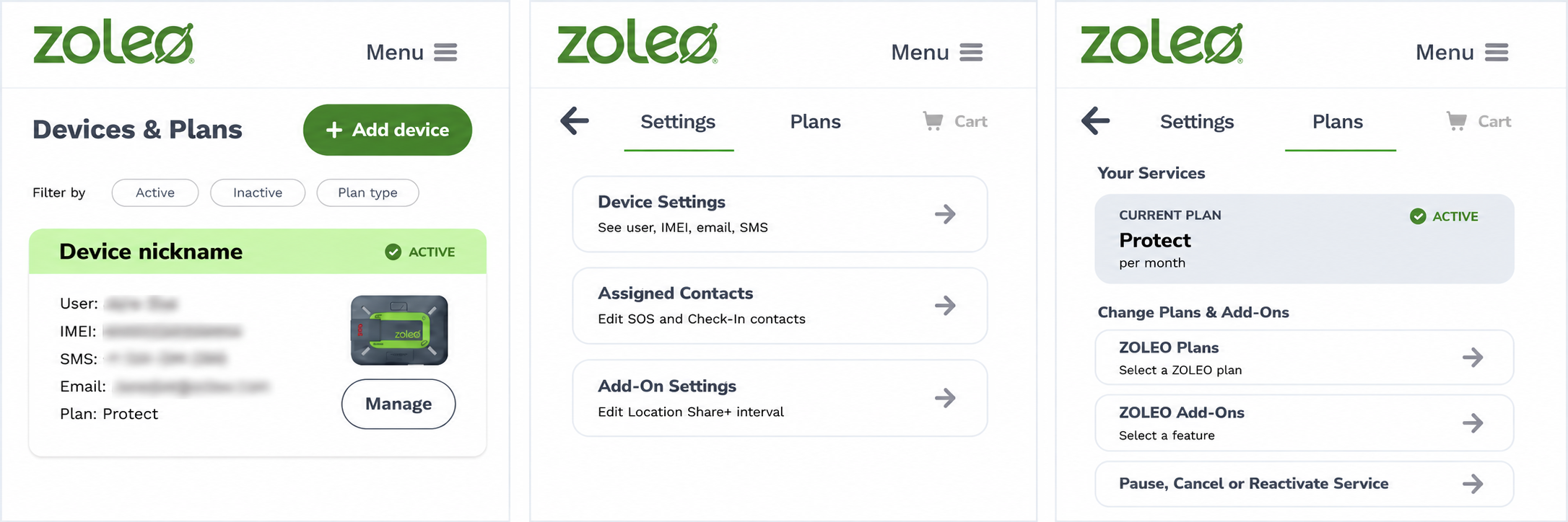 Accès aux commandes de suspension dans MyZOLEO sur un appareil mobile