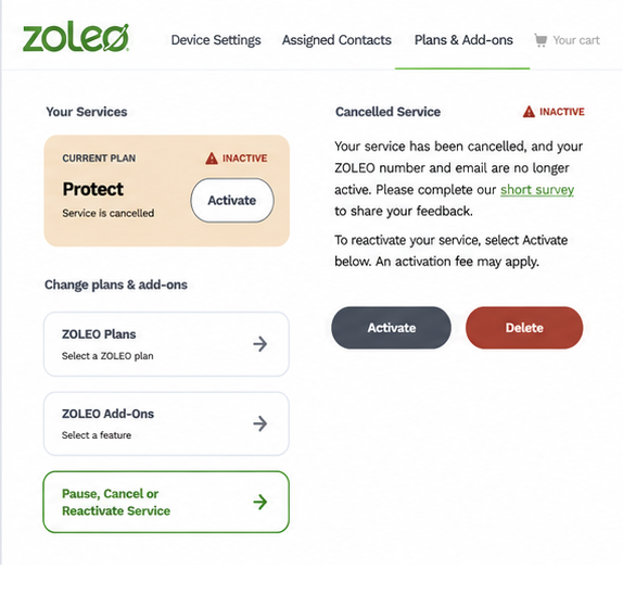 Gekündigter ZOLEO-Service und inaktiver Gerätestatus