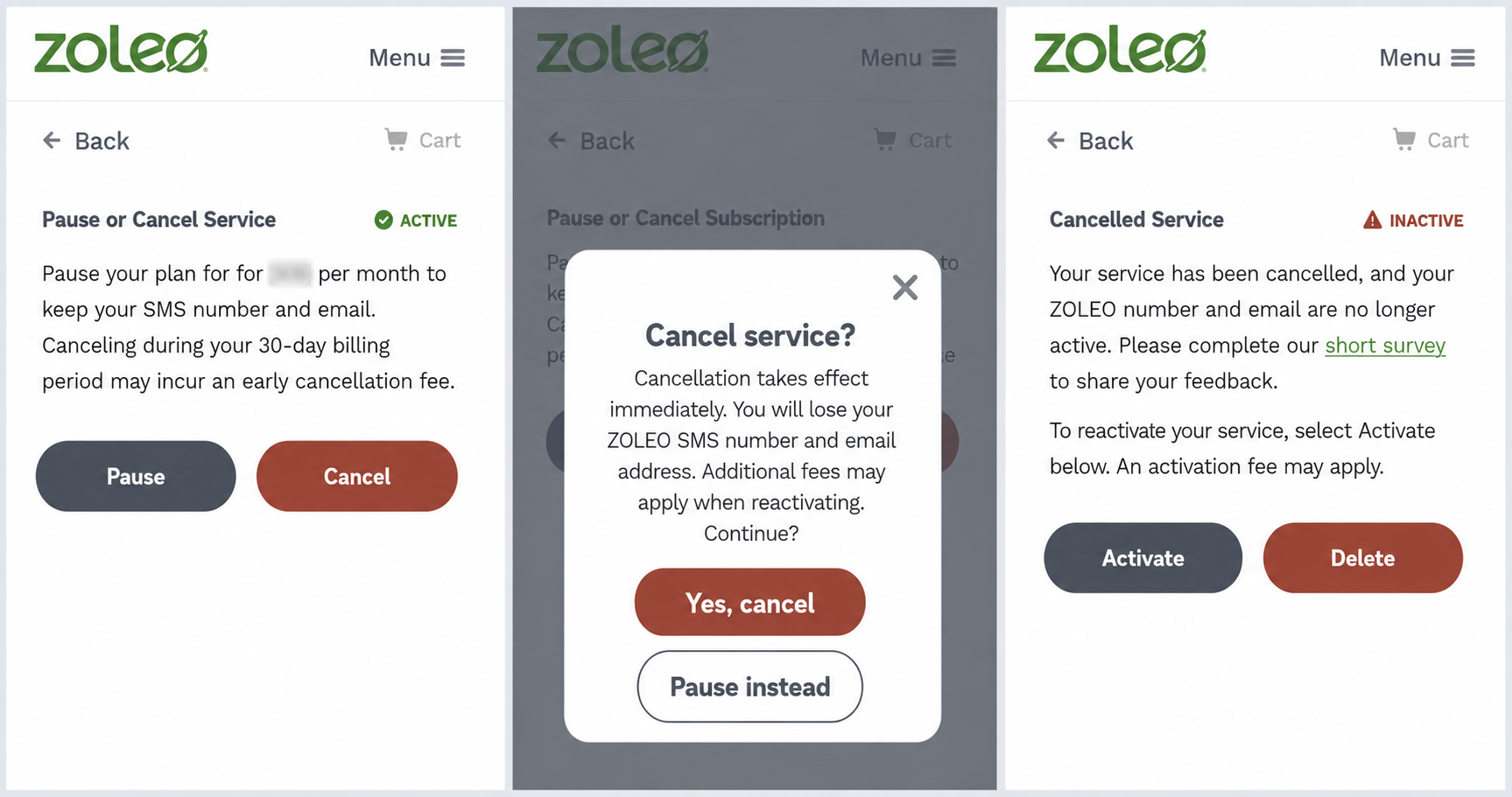 Gekündigter ZOLEO-Service und inaktiver Gerätestatus auf einem Mobilgerät