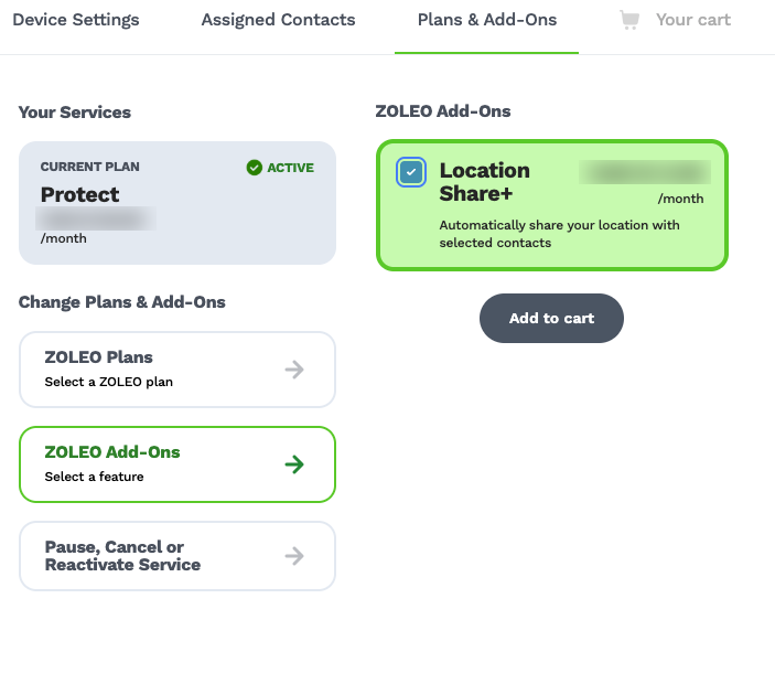 Option Location Share+ unter den ZOLEO-Zusatzoptionen