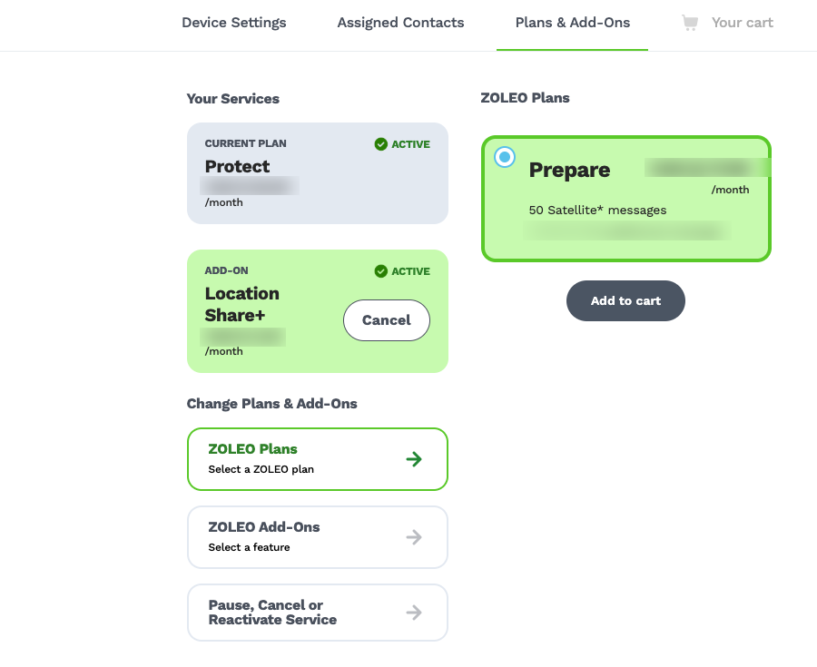 Option zum Kündigen von Location Share+ unter Ihre Services
