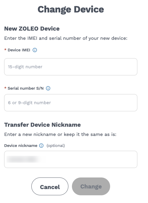 Formular zum Gerätewechsel mit IMEI, Seriennummer und Gerätename