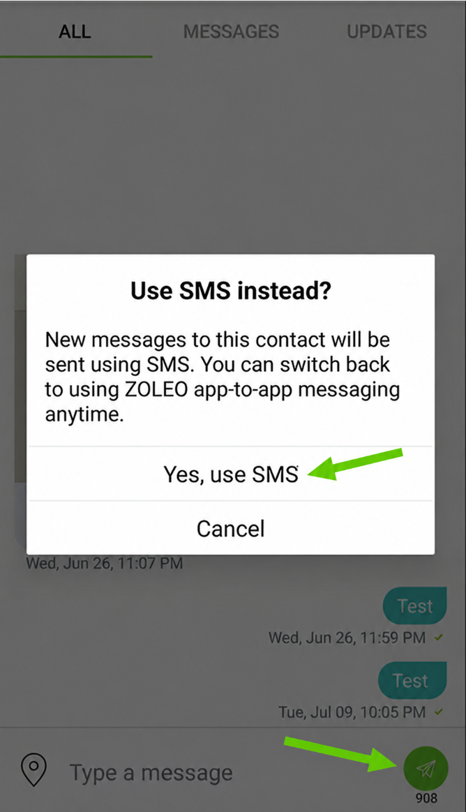 ZOLEO-Aufforderung mit Pfeilen bei Ja, SMS verwenden und Senden
