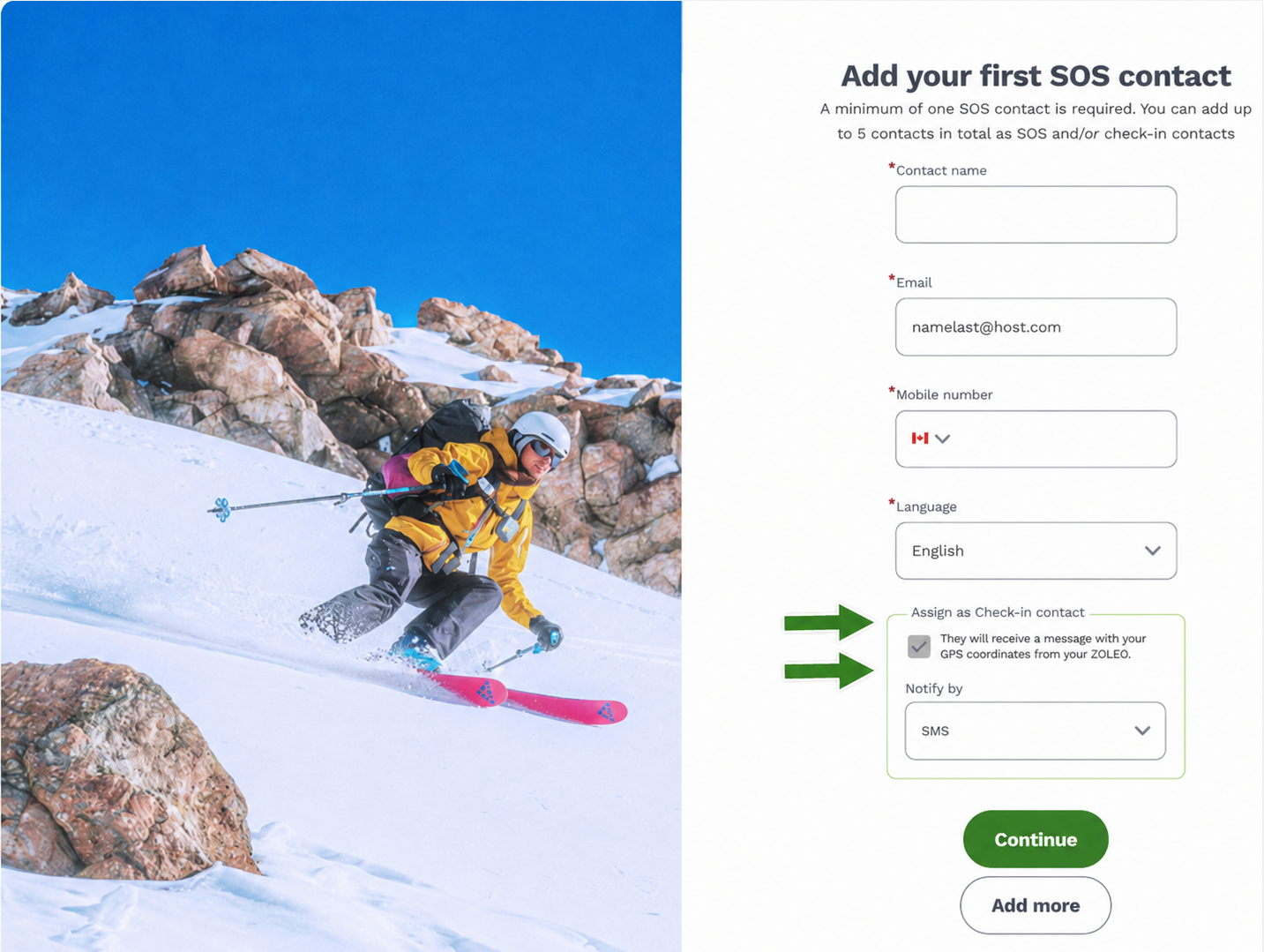 Activation form with arrows pointing to Assign as Check-In contact and its checkbox