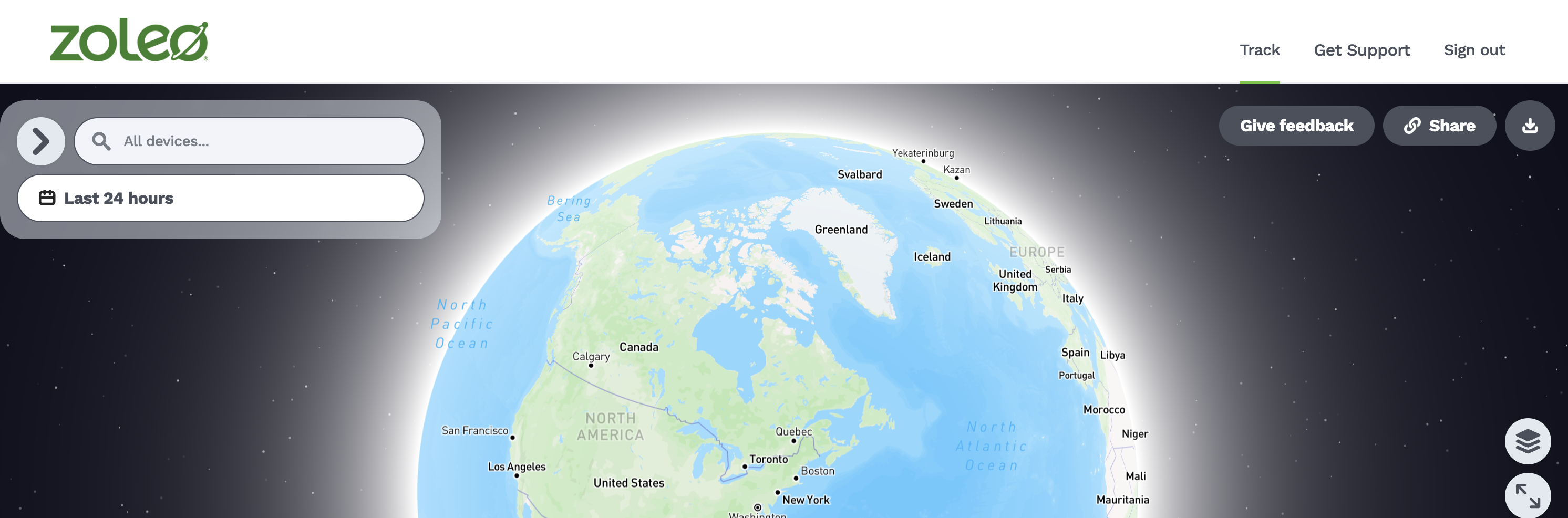 Carte ZOLEO Track affichant les appareils éligibles et leur activité récente